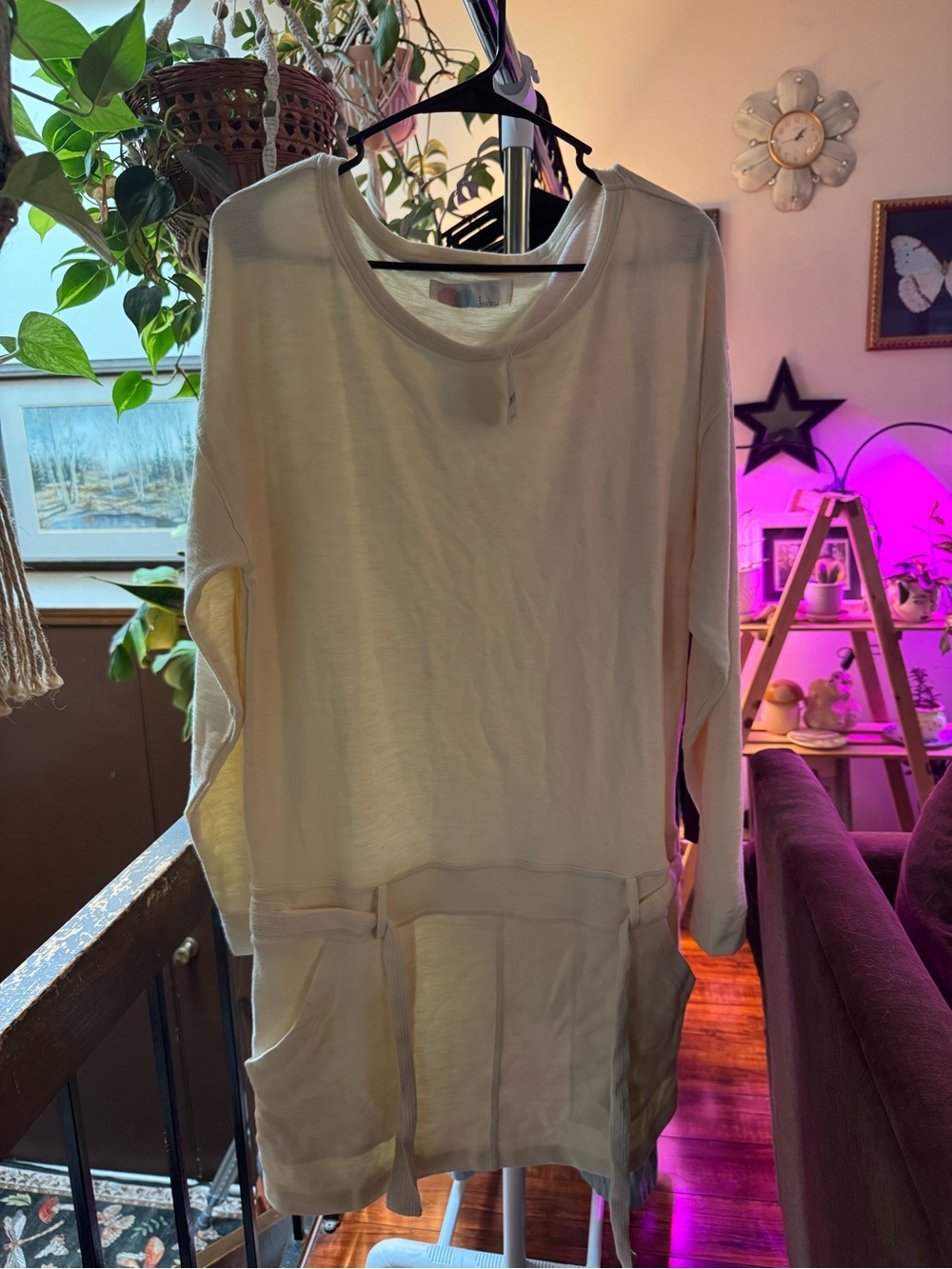 Cream Long-Sleeve Pocket Tunic Dress
